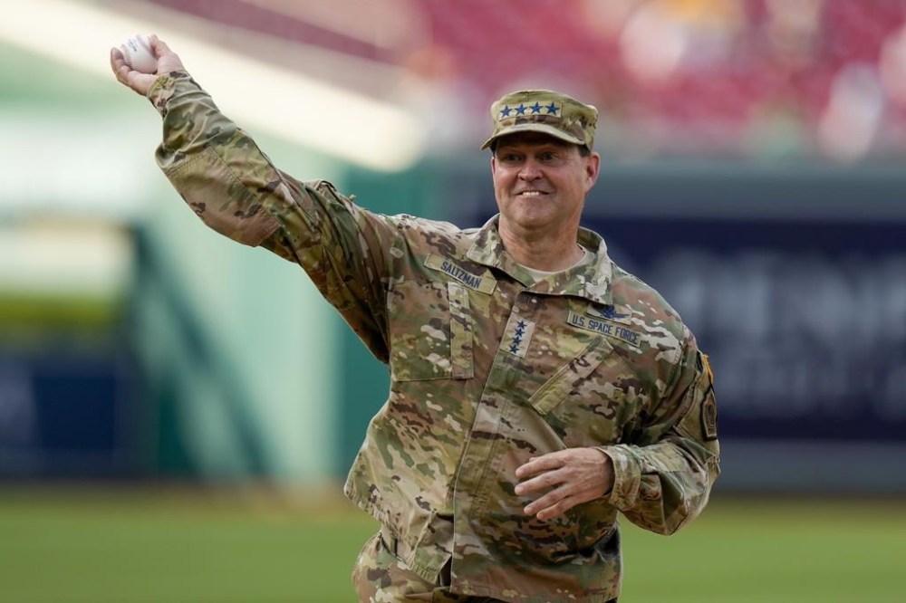 United States Space Force Chief of Space Operations Gen. Chance Saltzman throws out a ceremonial first pitch before a baseball game between the Washington Nationals and the San Francisco Giants at Nationals Park, Friday, July 21, 2023, in Washington. (AP Photo/Alex Brandon)