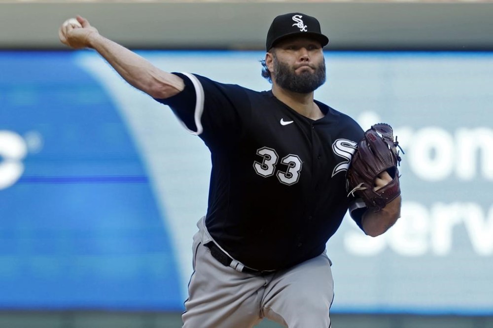 Chicago White Sox starting pitcher Lance Lynn throws to the Minnesota Twins in the first inning of a baseball game Friday, July 21, 2023, in Minneapolis. (AP Photo/Bruce Kluckhohn)