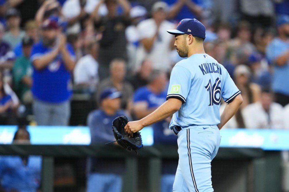 Toronto Blue Jays starting pitcher Yusei Kikuchi walks off the field after being relieved against the Seattle Mariners during the sixth inning of a baseball game, Friday, July 21, 2023, in Seattle. (AP Photo/Lindsey Wasson)