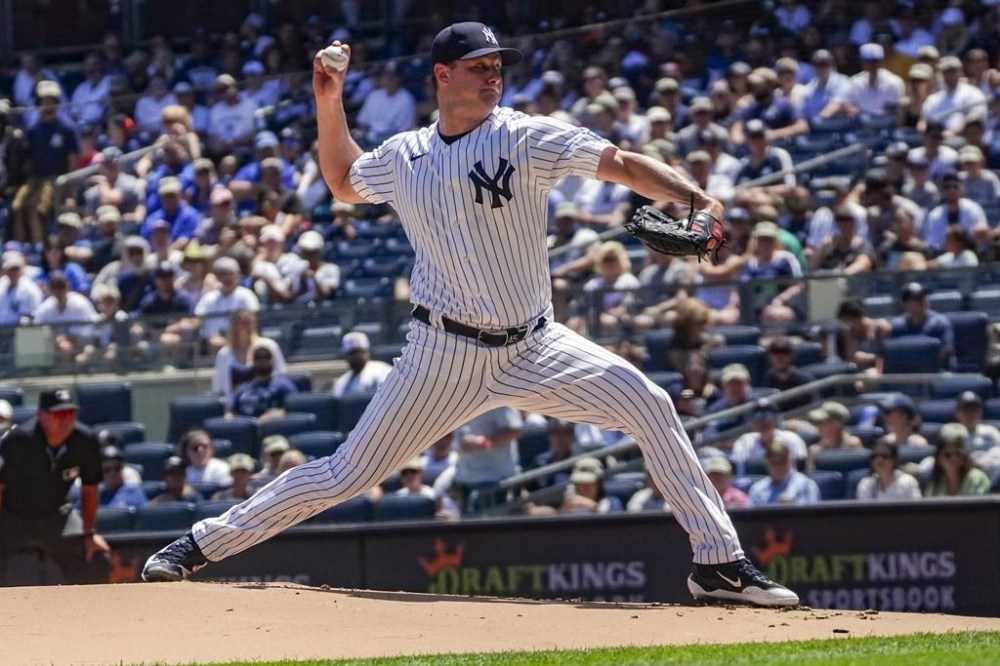 New York Yankees' Gerrit Cole throws during the first inning of a baseball game against Kansas City Royals, Saturday, July 22, 2023, in New York. (AP Photo/Bebeto Matthews)