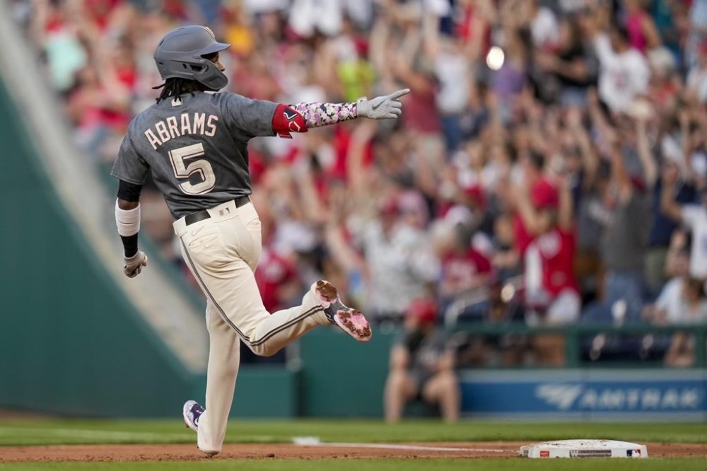 Washington Nationals' CJ Abrams runs the bases for his two-run homer during the second inning of a baseball game against the San Francisco Giants at Nationals Park, Saturday, July 22, 2023, in Washington. (AP Photo/Alex Brandon)