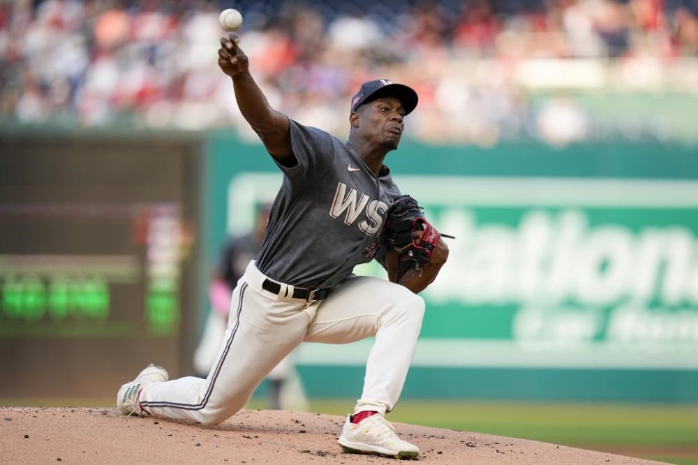Washington Nationals starting pitcher Josiah Gray throws during the first inning of a baseball game against the San Francisco Giants at Nationals Park, Saturday, July 22, 2023, in Washington. (AP Photo/Alex Brandon)