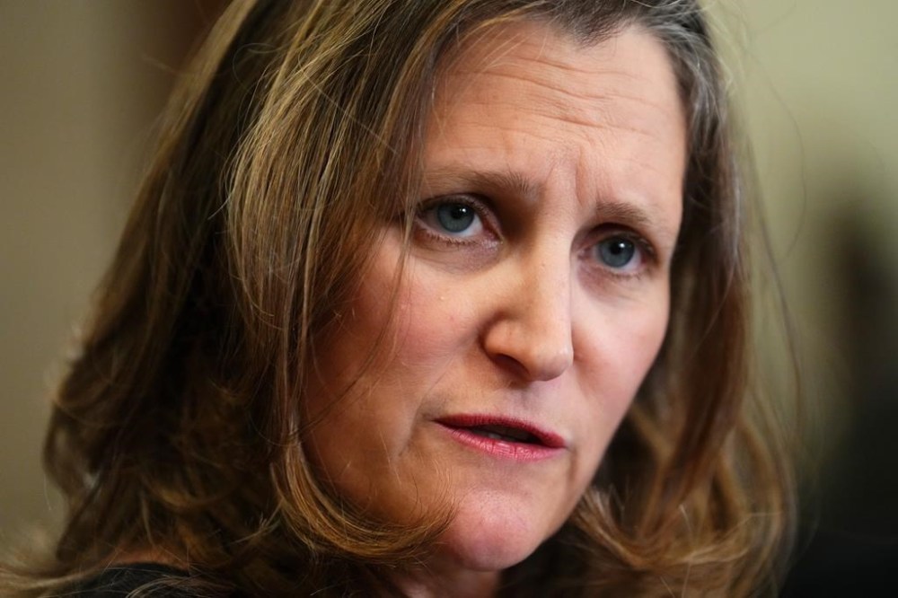 Deputy Prime Minister Chrystia Freeland holds a press conference on Parliament Hill, in Ottawa, Wednesday, June 14, 2023. The Canadian Chamber of Commerce and a coalition of industry associations have joined calls for the federal government to extend the deadline for small businesses to repay pandemic loans received through the Canada Emergency Business Account program. THE CANADIAN PRESS/Sean Kilpatrick