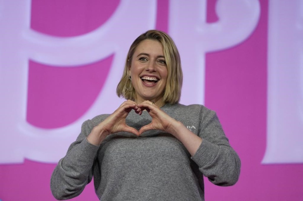 Director Greta Gerwig poses for the media prior to a news conference of the movie