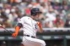 Detroit Tigers' Kerry Carpenter hits a RBI single which scores Riley Greene during the fifth inning of a baseball game against the San Francisco Giants, Monday, July 24, 2023, in Detroit. (AP Photo/Carlos Osorio)