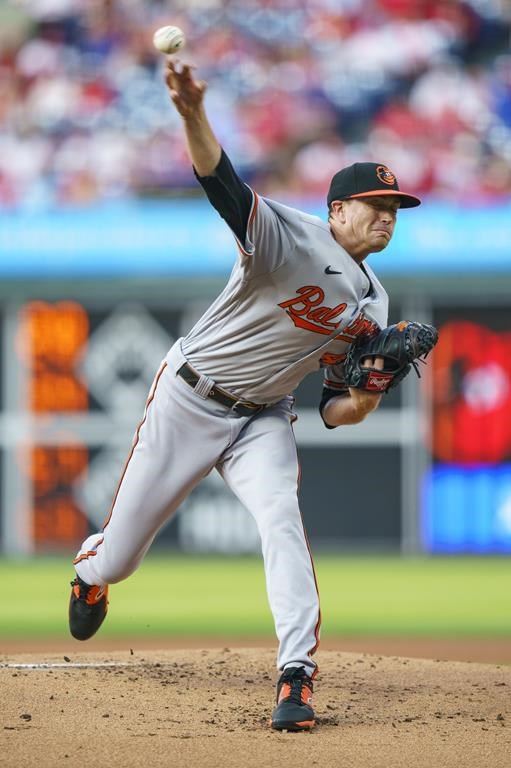 Baltimore Orioles starting pitcher Kyle Gibson delivers during the first inning of an baseball game against the Philadelphia Phillies, Tuesday, July 25, 2023, in Philadelphia. (AP Photo/Chris Szagola)