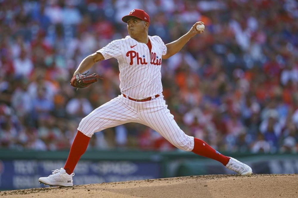 Philadelphia Phillies starting pitcher Ranger Suarez delivers during the third inning of a baseball game against the Baltimore Orioles, Wednesday, July 26, 2023, in Philadelphia. (AP Photo/Chris Szagola)