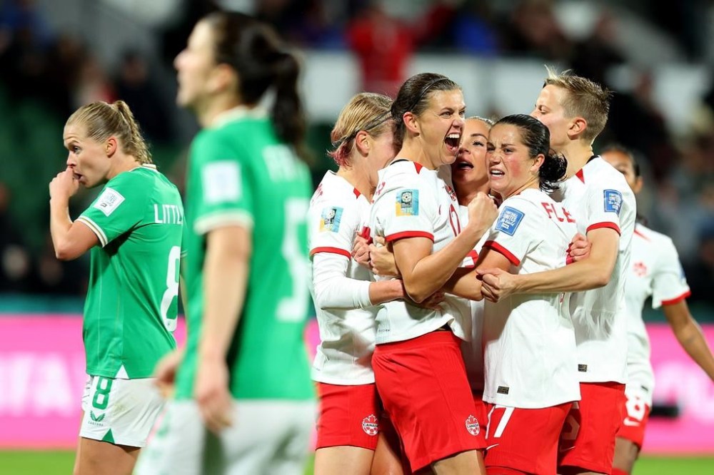 Christine Sinclair (centre) of Canada celebrates with teammates after a second half goal by Adriana Leon against Ireland during their Group B match at the FIFA Women's World Cup in Perth, Australia, Wednesday, July 26, 2023. After a wild night in Perth, the Canadian women’s soccer team returned to its training base in Melbourne on Thursday to prepare for what is now a do-or-die match against Australia at the FIFA Women’s World Cup. THE CANADIAN PRESS/James Worsfold