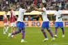 FC Barcelona forward Ferran Torres, center, celebrates with FC Barcelona forward Ousmane Dembele after scoring during the second half of a Champions Cup soccer match against Arsenal FC, Wednesday, July 26, 2023, in Inglewood, Calif. (AP Photo/Ashley Landis)