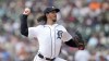 Detroit Tigers pitcher Michael Lorenzen throws against the Los Angeles Angels in the first inning during the first baseball game of a doubleheader, Thursday, July 27, 2023, in Detroit. (AP Photo/Paul Sancya)
