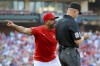 St. Louis Cardinals manager Oliver Marmol argues with umpire Will Little (93) after Miles Mikolas was ejected during the first inning of the team's baseball game against the Chicago Cubs on Thursday, July 27, 2023, in St. Louis. (AP Photo/Scott Kane)