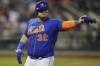New York Mets' Daniel Vogelbach gestures to fans after hitting an RBI single during the eighth inning of a baseball game against the Washington Nationals Thursday, July 27, 2023, in New York. (AP Photo/Frank Franklin II)