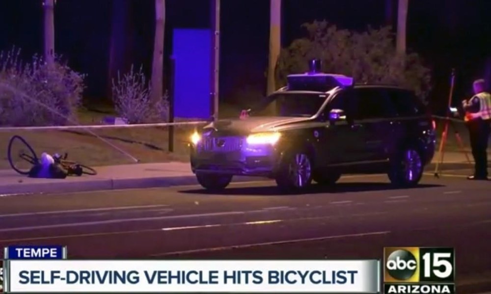 FILE - In this image taken from video provided by ABC-15, an investigator works at the scene of a fatal accident involving a self driving Uber car in Tempe, Ariz., March 19, 2018. Rafaela Vasquez, the backup Uber driver involved in the first death involving a fully autonomous vehicle, has pleaded guilty to endangerment.(ABC-15.com via AP, File)
