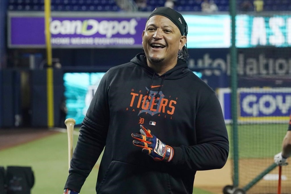 Detroit Tigers' Miguel Cabrera smiles during batting practice before a baseball game against the Miami Marlins, Friday, July 28, 2023, in Miami. (AP Photo/Marta Lavandier)