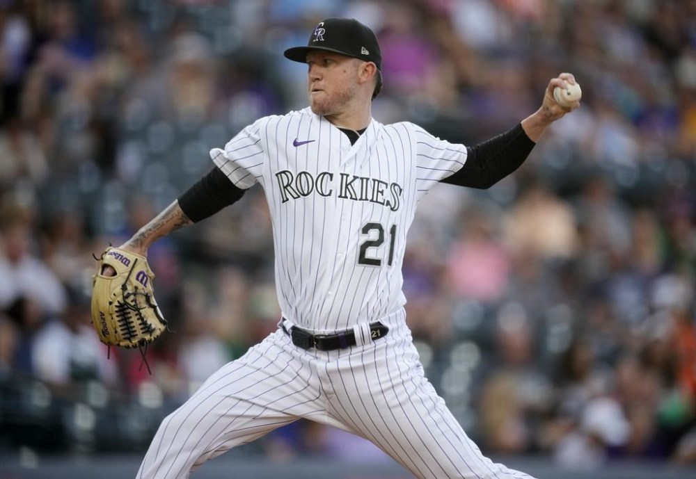 Colorado Rockies starting pitcher Kyle Freeland works against the Oakland Athletics during the first inning of a baseball game Friday, July 28, 2023, in Denver. (AP Photo/David Zalubowski)