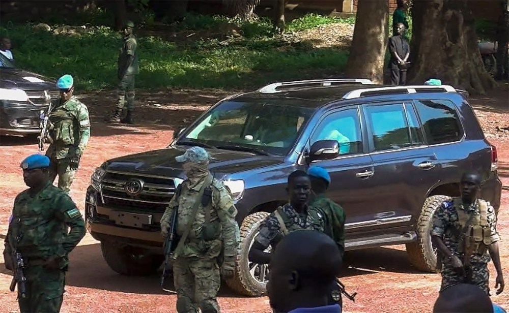 In this image taken from video, President of the Central African Republic Faustin-Archange Touadera arrives at a polling station in Bangui, Central African Republic, Sunday, July 30, 2023. The Central African Republic went to the polls on Sunday in a highly anticipated vote on a new constitution, which would remove presidential term limits. (AP Photo)