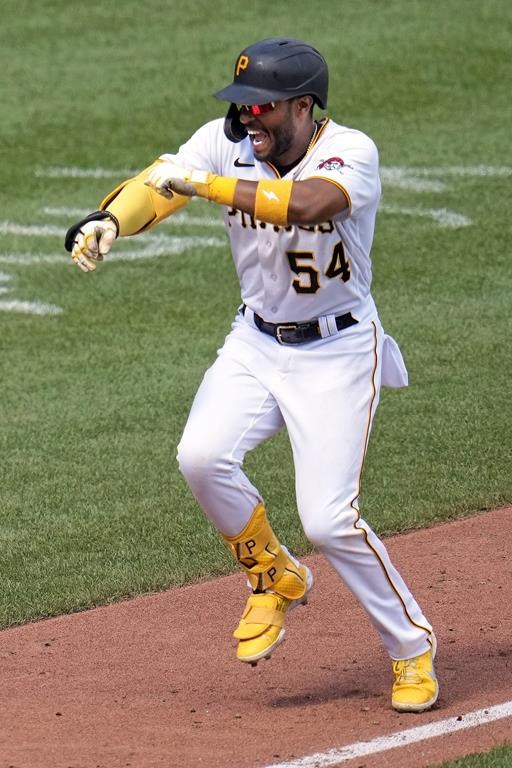 Pittsburgh Pirates' Josh Palacios dances down the third baseline after hitting at two-run, walk-off home run off Philadelphia Phillies relief pitcher Andrew Vasquez during the tenth inning of a baseball game in Pittsburgh, Sunday, July 30, 2023. The Pirates won 6-4. (AP Photo/Gene J. Puskar)