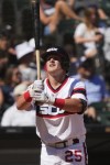 Chicago White Sox's Andrew Vaughn checks his bat during the ninth inning of a baseball game against the Cleveland Guardians in Chicago, Sunday, July 30, 2023. The Guardians won 5-0. (AP Photo/Nam Y. Huh)