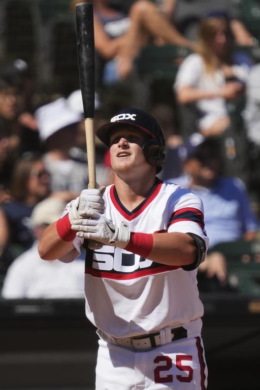 Chicago White Sox's Andrew Vaughn checks his bat during the ninth inning of a baseball game against the Cleveland Guardians in Chicago, Sunday, July 30, 2023. The Guardians won 5-0. (AP Photo/Nam Y. Huh)