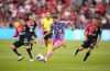 Toronto FC's midfielder Jonathan Osorio (21) advances the ball against Atlas FC's Mateo Garcia (8) and Aldo Rocha during first half Leagues Cup soccer action in Toronto, Sunday July 30, 2023.  THE CANADIAN PRESS/Mark Blinch