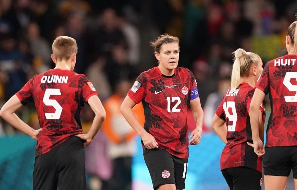 Canada’s Christine Sinclair, centre and teammates react after conceding a first half goal during Group B soccer action against Australia at the FIFA Women's World Cup in Melbourne, Australia, Monday, July 31, 2023. THE CANADIAN PRESS/Scott Barbour