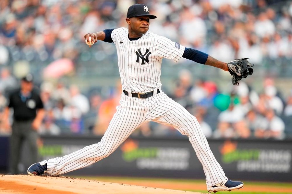 New York Yankees' Domingo German pitches during the first inning of a baseball game against the New York Mets, Tuesday, July 25, 2023, in New York. (AP Photo/Frank Franklin II)