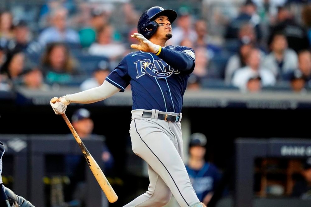 Tampa Bay Rays' Wander Franco hits a home run during the third inning of a baseball game against the New York Yankees, Monday, July 31, 2023, in New York. (AP Photo/Frank Franklin II)