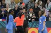 Jamaica's Khadija Shaw reacts after getting a red card from referee Maria Carvajal during the Women's World Cup Group F soccer match between France and Jamaica at the Sydney Football Stadium in Sydney, Australia, Sunday, July 23, 2023. (AP Photo/Mark Baker)