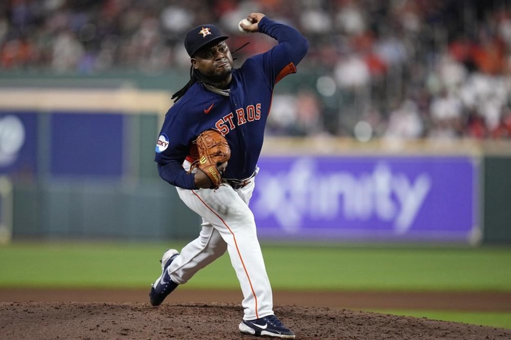 Houston Astros starting pitcher Framber Valdez delivers during the seventh inning of a baseball game against the Cleveland Guardians, Tuesday, Aug. 1, 2023, in Houston. (AP Photo/Kevin M. Cox)
