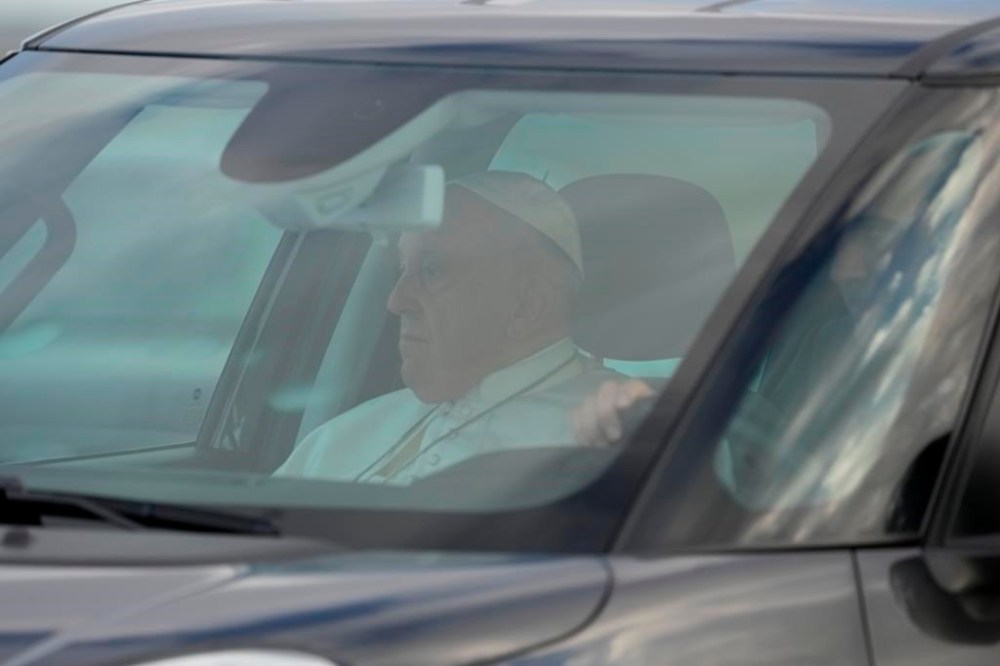 Pope Francis arrives at Rome's Leonardo da Vinci International airport in Fiumicino to start his five-day pastoral visit to Portugal Wednesday, Aug. 2, 2023, that include the participation into the 37th World Youth Day, and a pilgrimage to the holy shrine of Fatima. (AP Photo/Andrew Medichini)