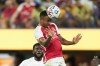 Arsenal FC forward Gabriel Jesus (9) heads the ball during the second half of a Champions Cup soccer match against FC Barcelona, Wednesday, July 26, 2023, in Inglewood, Calif. (AP Photo/Ashley Landis)