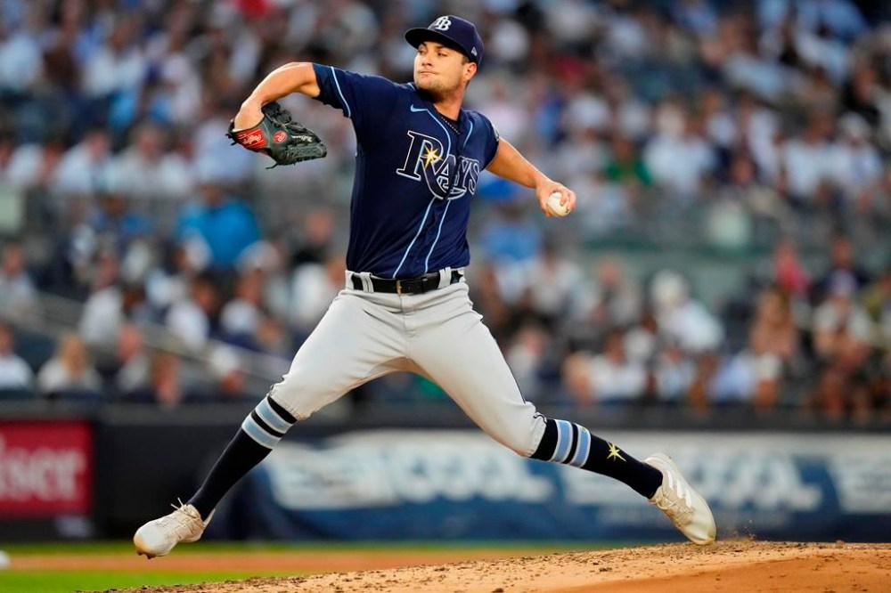 Tampa Bay Rays' Shane McClanahan pitches during the first inning of a baseball game against the New York Yankees, Wednesday, Aug. 2, 2023, in New York. (AP Photo/Frank Franklin II)