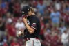 Minnesota Twins starting pitcher Joe Ryan pauses after giving up a three-run home run to St. Louis Cardinals' Alec Burleson during the third inning of a baseball game Wednesday, Aug. 2, 2023, in St. Louis. (AP Photo/Jeff Roberson)