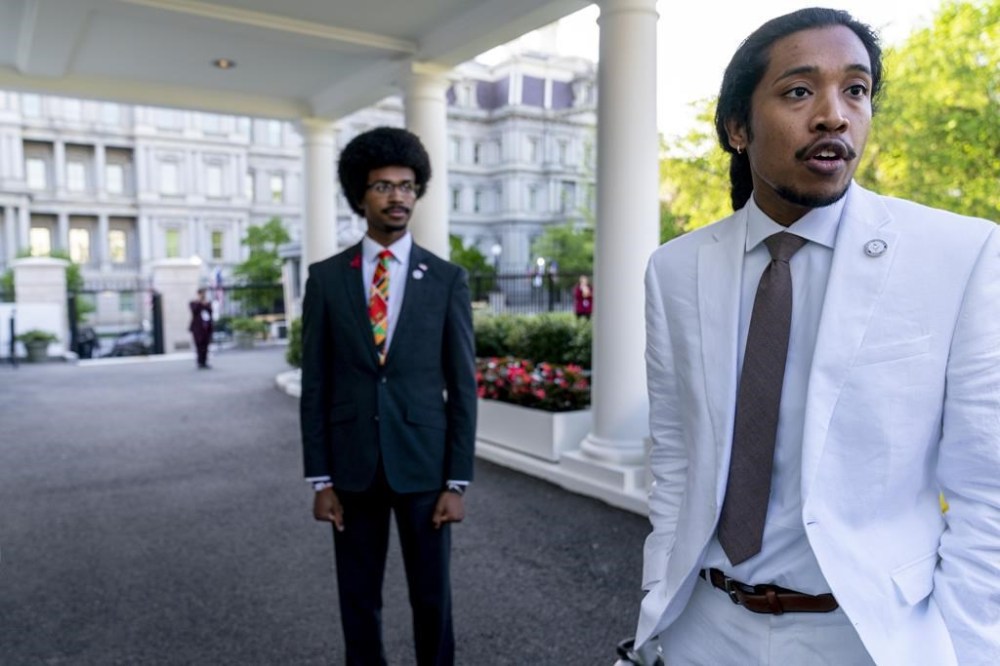 FILE - Tennessee Reps. Justin Pearson, D-Memphis, left, and Justin Jones, D-Nashville, speak to reporters outside the West Wing after meeting with President Joe Biden and Vice President Kamala Harris in the Oval Office of the White House in Washington, April 24, 2023. Pearson and Jones, who became Democratic heroes as members of the so-called “Tennessee Three,” are hoping to once again reclaim their legislative seats Thursday, Aug. 3, after being expelled for their involvement in a gun control protest on the House floor. (AP Photo/Andrew Harnik, File)