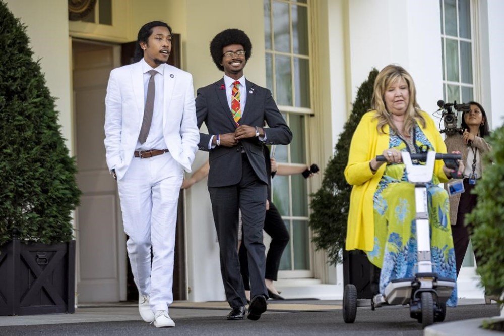 FILE - From left, Tennessee Rep. Justin Jones, D-Nashville; Rep. Justin Pearson, D-Memphis; and Rep. Gloria Johnson, D-Knoxville; leave the West Wing to speak to reporters after meeting with President Joe Biden and Vice President Kamala Harris in the Oval Office of the White House in Washington, April 24, 2023. Pearson and Jones, who became Democratic heroes as members of the so-called “Tennessee Three,” are hoping to once again reclaim their legislative seats Thursday, Aug. 3, after being expelled for their involvement in a gun control protest on the House floor. (AP Photo/Andrew Harnik, File)