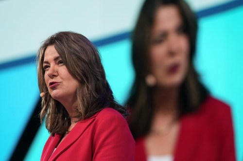 Alberta Premier Danielle Smith gives a keynote address at the LNG2023 conference in Vancouver on Thursday, July 13, 2023. Alberta's United Conservative government is announcing a pause on all approvals of large renewable energy projects. THE CANADIAN PRESS/Darryl Dyck