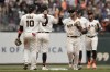 San Francisco Giants players celebrate after the team's 1-0 victory over the Arizona Diamondbacks in a baseball game Thursday, Aug. 3, 2023, in San Francisco. (AP Photo/Godofredo A. Vásquez)