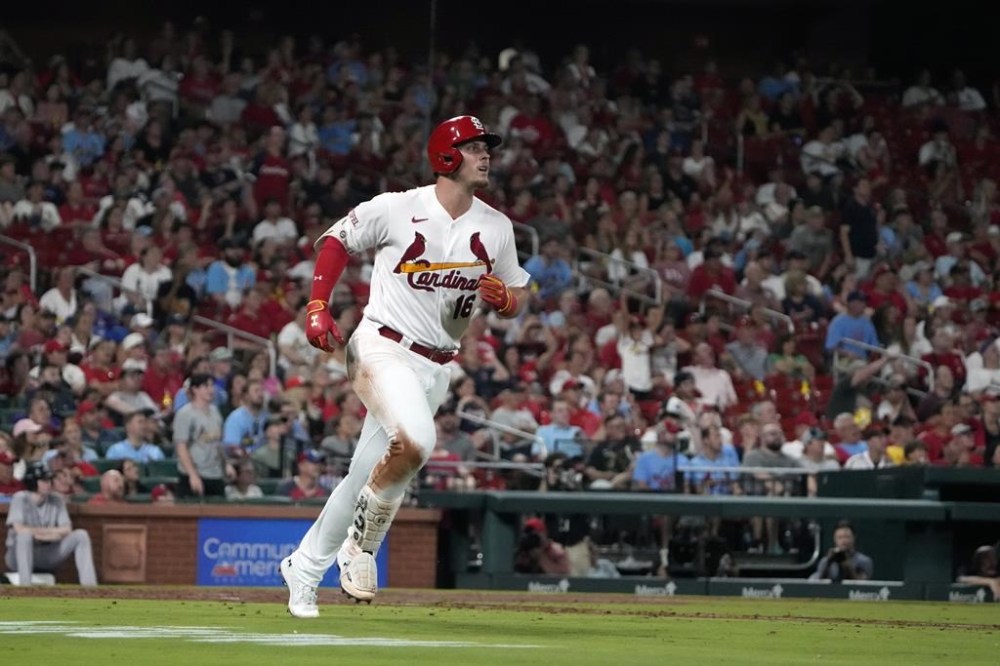 St. Louis Cardinals' Nolan Gorman watches his solo home run during the fifth inning of a baseball game against the Colorado Rockies on Friday, Aug. 4, 2023, in St. Louis. (AP Photo/Jeff Roberson)