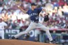 Seattle Mariners starting pitcher George Kirby (68) throws during the first inning of a baseball game against the Los Angeles Angels in Anaheim, Calif., Saturday, Aug. 5, 2023. (AP Photo/Ashley Landis)