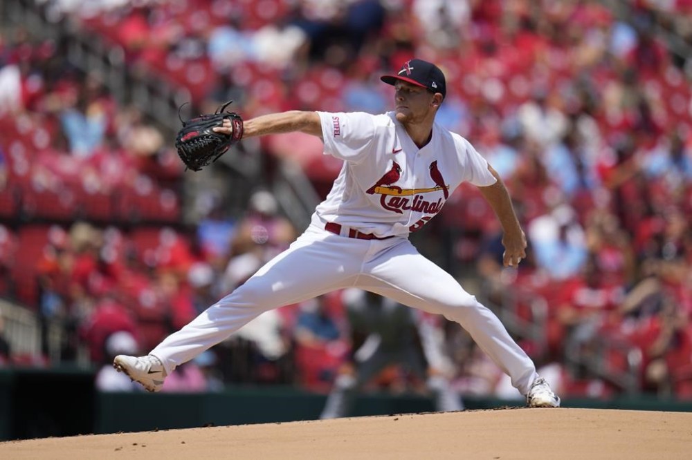 St. Louis Cardinals starting pitcher Zack Thompson throws during the first inning of a baseball game against the Colorado Rockies Sunday, Aug. 6, 2023, in St. Louis. (AP Photo/Jeff Roberson)
