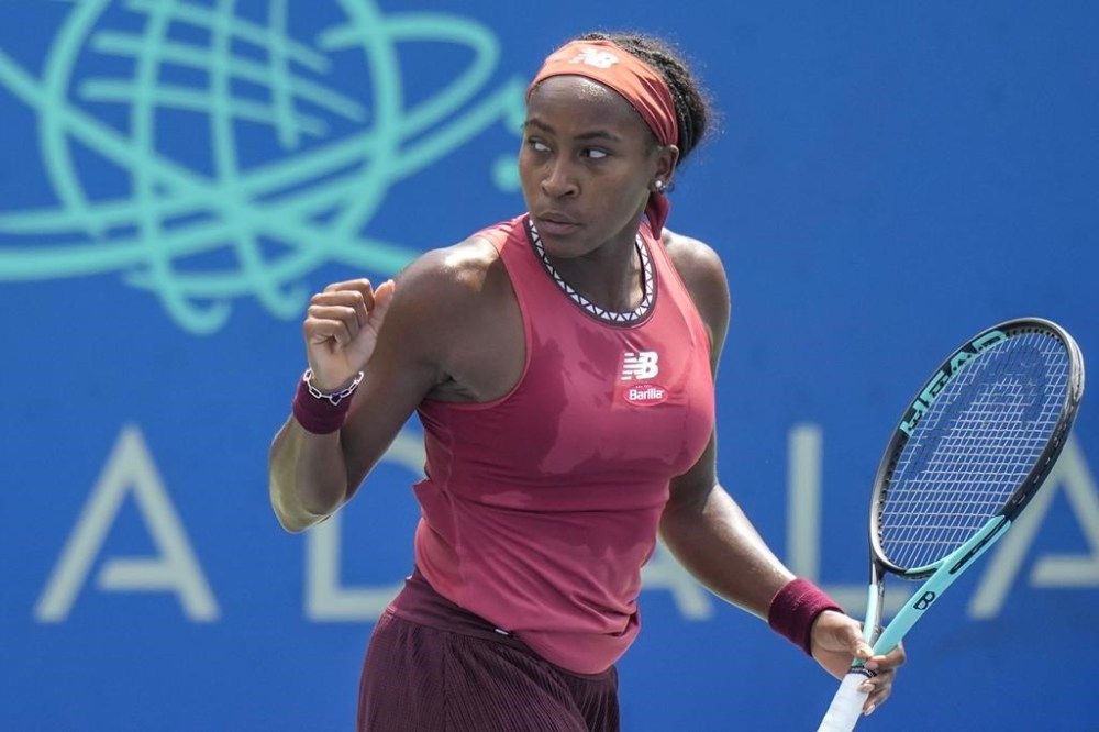 Coco Gauff, of the United States, celebrates after a point against Maria Sakkari, of Germany, during the women's singles final of the DC Open tennis tournament Sunday, Aug. 6, 2023, in Washington. (AP Photo/Alex Brandon)
