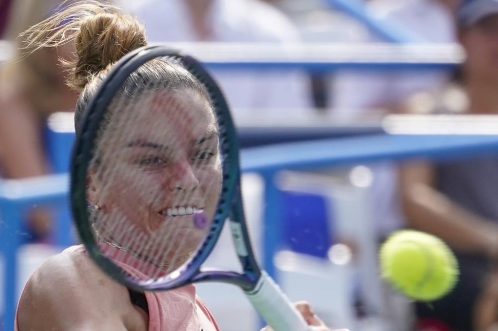Maria Sakkari, of Germany, returns a shot against Coco Gauff, of the United States, during the women's singles final of the DC Open tennis tournament Sunday, Aug. 6, 2023, in Washington. (AP Photo/Alex Brandon)