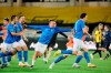 Klaksvik's Claes Philip Kronberg, center, and his teammates celebrate winning the Champions League second qualifying round, 2nd leg soccer match between Swedish team BK Hacken and KI Klaksvik of the Faroe Islands at the Bravida Arena in Gothenburg, Sweden, Wednesday, August 2, 2023. (Adam Ihse/TT News Agency via AP)