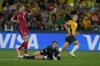 Australia's Caitlin Foord, right, reacts after scoring the opening goal of her team during the Women's World Cup round of 16 soccer match between Australia and Denmark at Stadium Australia in Sydney, Australia, Monday, Aug. 7, 2023. (AP Photo/Mark Baker)