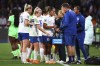 England's Lauren James, center, leaves the pitch after the red card during the Women's World Cup round of 16 soccer match between England and Nigeria in Brisbane, Australia, Monday, Aug. 7, 2023. (AP Photo/Tertius Pickard)