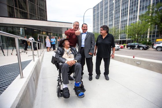 Allan Woodhouse (left), Tom Sophonow, Brian Anderson, and Frank Ostrowski outside of the law courts Tuesday. Woodhouse (left) and Anderson were exonerated by Court of King’s Bench Chief Justice Glenn Joyal, almost 50 years to the day after being charged with the 1973 killing of Ting Fong Chan. (Mikaela MacKenzie / Winnipeg Free Press)