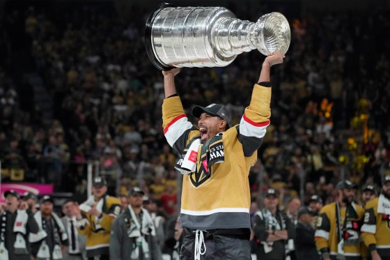 Vegas Golden Knights right wing Keegan Kolesar (55) skates with the Stanley Cup after the Knights defeated the Florida Panthers 9-3 in Game 5 of the NHL hockey Stanley Cup Finals Tuesday, June 13, 2023, in Las Vegas. The Knights won the series 4-1. (John Locher / The Associated Press files)