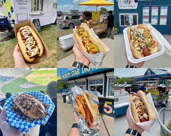 Clockwise from top left: Bright Side Kitchen’s Good Dog, Deek’s Dog House Kolbasa Smokie, Dug and Betty’s Don Juan, Shaw Park’s Goldie Dog, North Star Drive In’s Bacon Cheese Dog, Willy Dogs’ Smokie. (Photos by Eva Wasney)