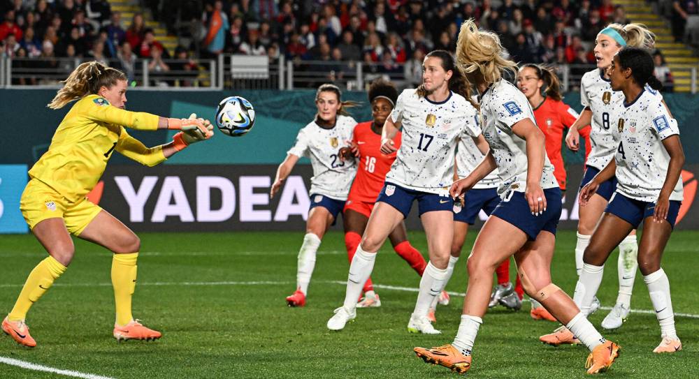 Alyssa Naeher (left) makes a save during the Australia and New Zealand 2023 Women’s World Cup Group E football match between Portugal and the United States. (Saeed Khan/ Tribune Media)