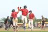 SUPPLIED
Team Manitoba’s Justin Scott, Riley Craw and Easton Grieve (from left) celebrate Dawson Tanner’s two-run single in the fifth inning of Sunday’s gold-medal final.